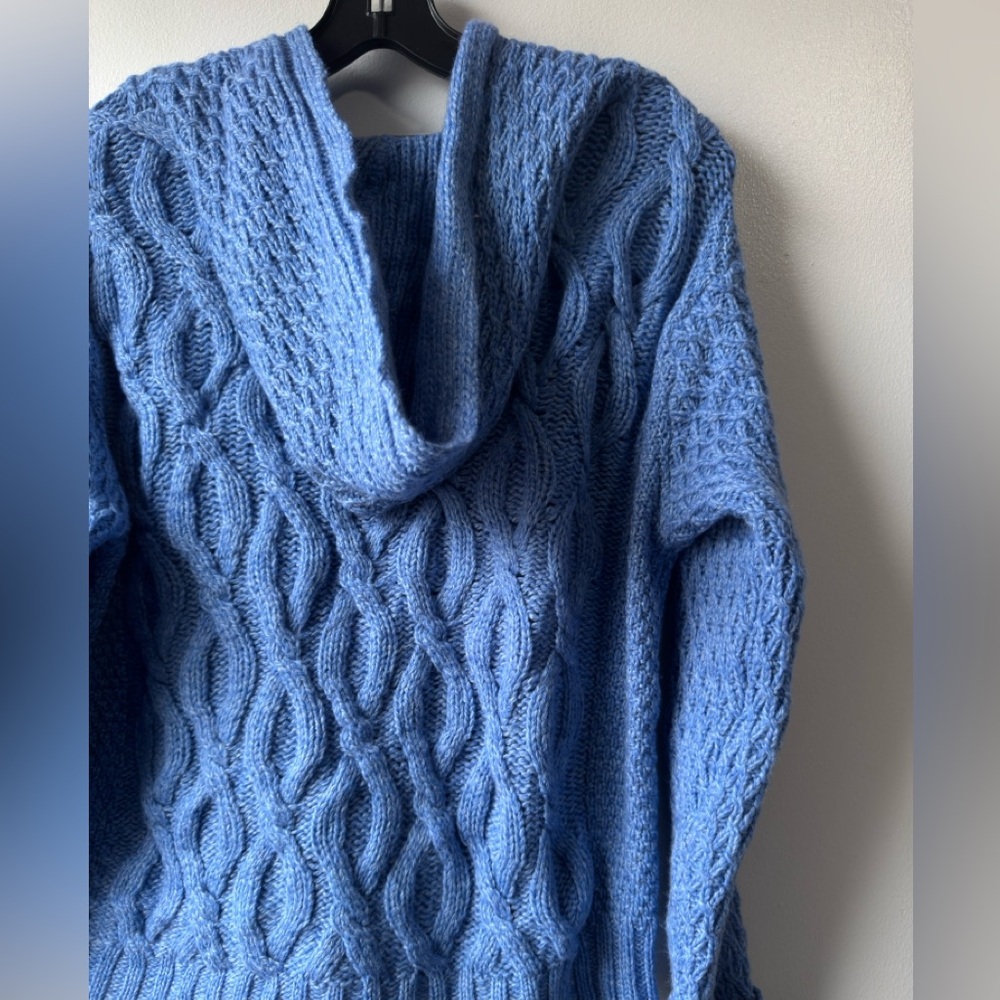 Aran Women’s Wool Cable Knit Hoodie Light Blue Cable-Knit Zip Sweater - Picture 15 of 15